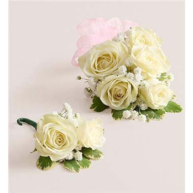 White Spray Corsage & Bout -Light Pink Bow