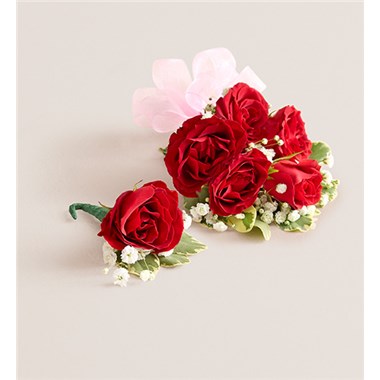 Red Spray Corsage & Bout-Light Pink Bow