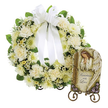 Small Open Round Tabletop Wreath W/Remembered Plaque - All White